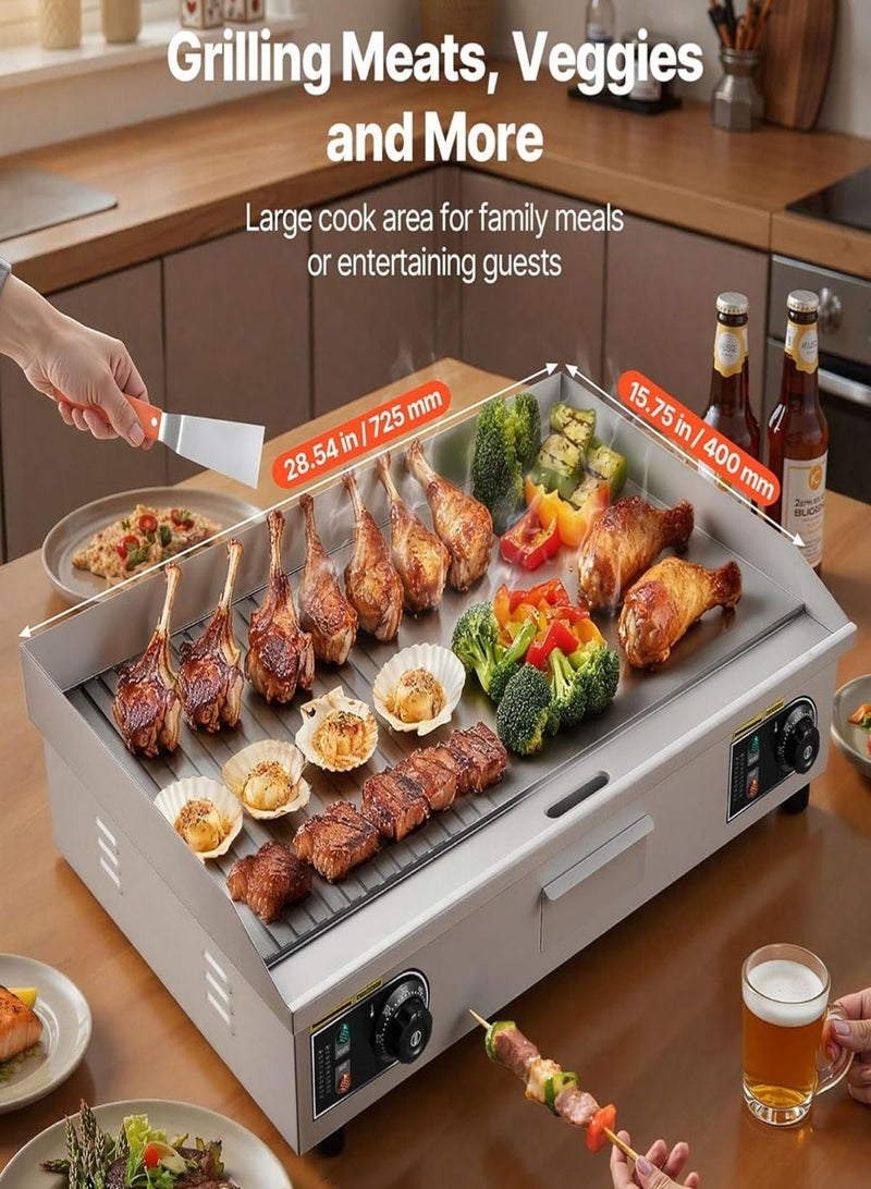 KitchTron Commercial Electric Griddle 4400W Flat & Grooved Grill Plate, 730 x 395mm Stainless Steel Countertop Grill, Adjustable 50-300°C Thermostat, Heavy Duty Electric Grill - Image 3