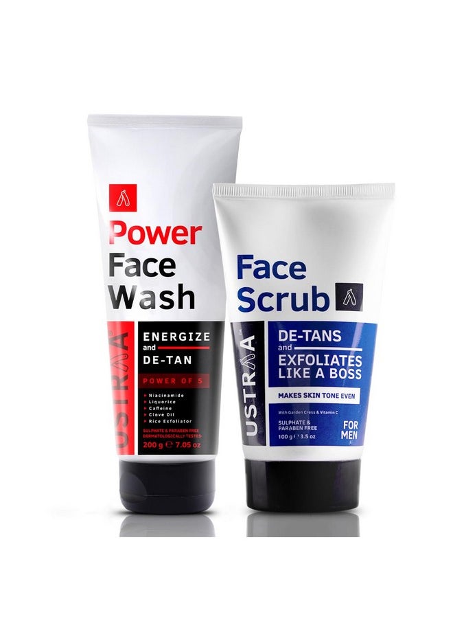 Ustraa - Detan Face Scrub For Men 100G Exfoliation & Effective Tan Removal No Sls & Power Face Wash 200G Energize & Detan Helps Effectively Remove Tan Brightens Skin - Image 1