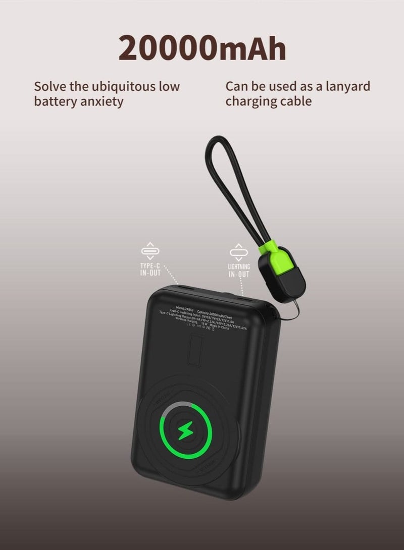 Zoom Plus ZP555 20000mAh TODO Power Bank, Compatible With Magsafe, Wireless Charging, Magnetic Attraction, LCD Display, Compact Design With Integrated Type-C&Lightining Cable (Black) - Image 1