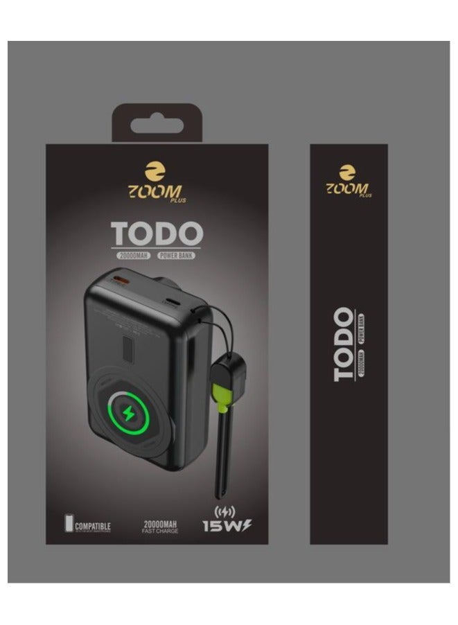 Zoom Plus ZP555 20000mAh TODO Power Bank, Compatible With Magsafe, Wireless Charging, Magnetic Attraction, LCD Display, Compact Design With Integrated Type-C&Lightining Cable (Black) - Image 2