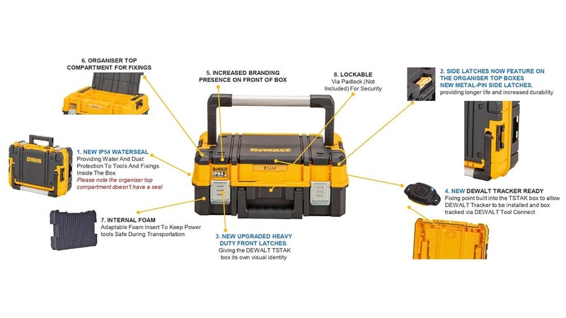 DEWALT DEWALT DWST833441 TSTAK Heavy Duty Organiser Top Shallow Box IP54 Rated Waterseal 30 Kg Load Capacity Front Top Carry Handles Internal Foam Insert For Power Tools Batteries 44x332x183 cm  - Image 5