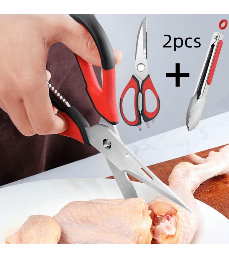 2 × مقص مطبخ متعدد الاستخدامات من الفولاذ المقاوم للصدأ لتقطيع عظام الدجاج والشواء - Image 2
