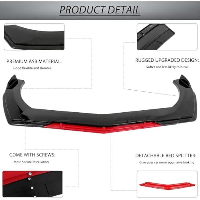 DREAMIZER Universal Front Lip for Car,Adjustable Front Bumper Lip Chin Spoiler Splitter Diffuser Protector Body Kit Compatible with Honda Nissan Toyota Mazda, Black w/Red - Image 4