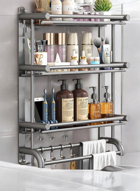 Three Layer Wide Space Metal Bathroom Storage Rack - Punch Free Wall-Mounted Sink and Toilet Organizer, Heavy-Duty Load Bearing, Ideal for Balcony or Bathroom Wall Storage (50x63cm)
