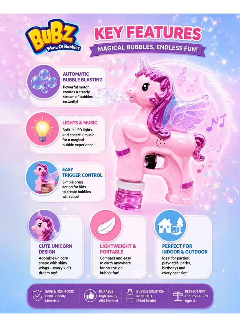 BUBZ Electric Unicorn Bubble Machine for Kids with Lights & Music Automatic Bubble Maker Toy for Girls Boys, Cute Unicorn Bubble Gun with Bubble Solution Included, Outdoor Summer Bubble Blaster for Birthday Party Garden Play Gift Ages 3+ - Image 2