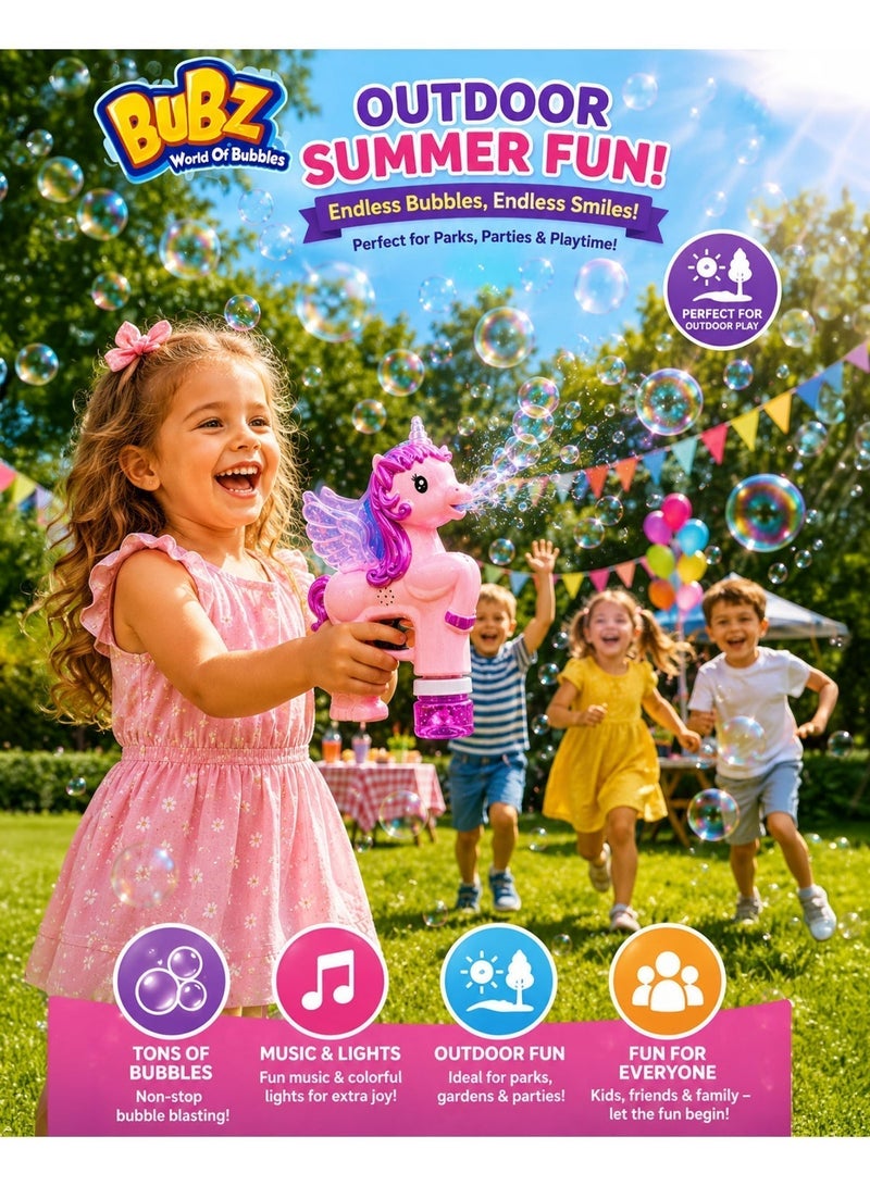 BUBZ Electric Unicorn Bubble Machine for Kids with Lights & Music Automatic Bubble Maker Toy for Girls Boys, Cute Unicorn Bubble Gun with Bubble Solution Included, Outdoor Summer Bubble Blaster for Birthday Party Garden Play Gift Ages 3+ - Image 4
