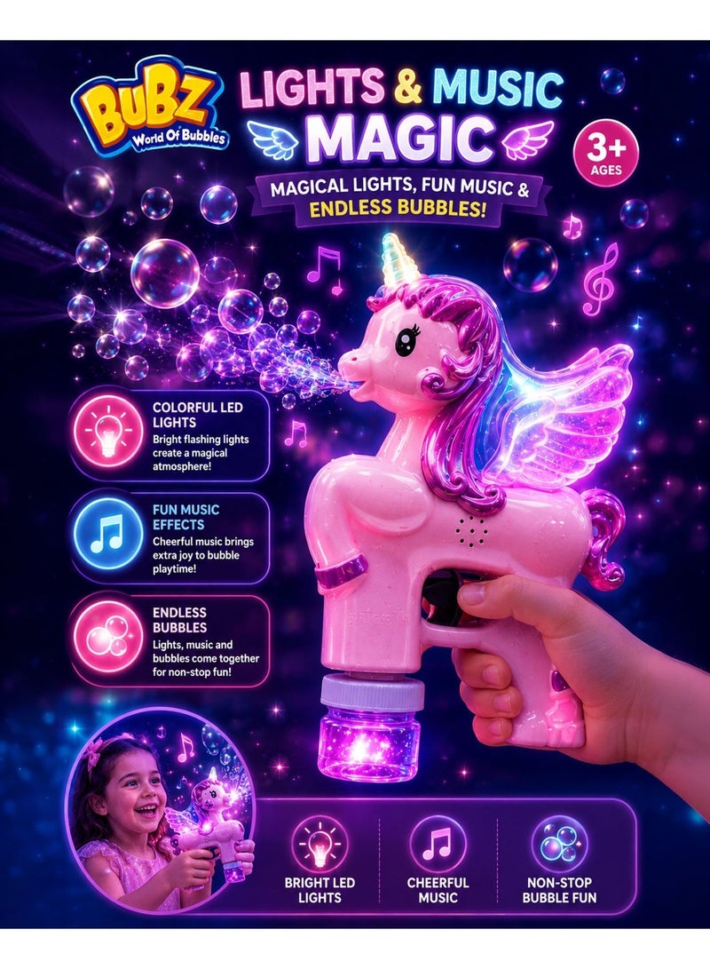 BUBZ Electric Unicorn Bubble Machine for Kids with Lights & Music Automatic Bubble Maker Toy for Girls Boys, Cute Unicorn Bubble Gun with Bubble Solution Included, Outdoor Summer Bubble Blaster for Birthday Party Garden Play Gift Ages 3+ - Image 3