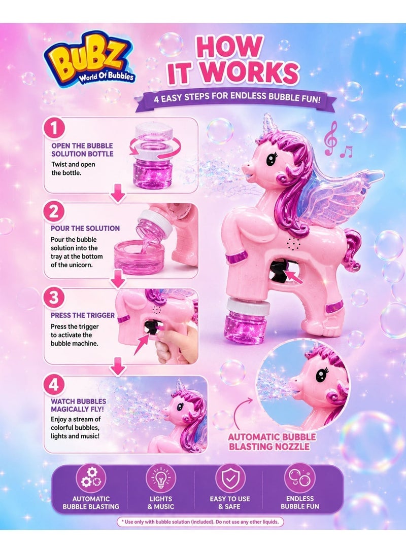 BUBZ Electric Unicorn Bubble Machine for Kids with Lights & Music Automatic Bubble Maker Toy for Girls Boys, Cute Unicorn Bubble Gun with Bubble Solution Included, Outdoor Summer Bubble Blaster for Birthday Party Garden Play Gift Ages 3+ - Image 5