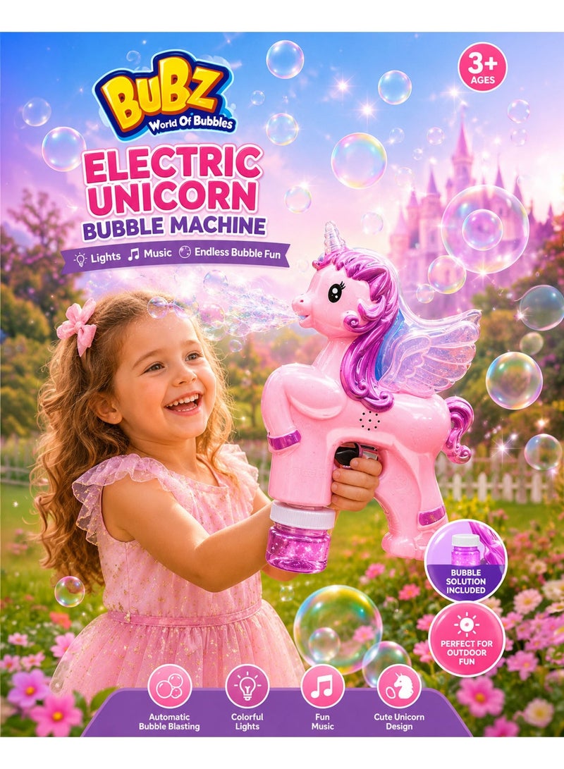 BUBZ Electric Unicorn Bubble Machine for Kids with Lights & Music Automatic Bubble Maker Toy for Girls Boys, Cute Unicorn Bubble Gun with Bubble Solution Included, Outdoor Summer Bubble Blaster for Birthday Party Garden Play Gift Ages 3+ - Image 1