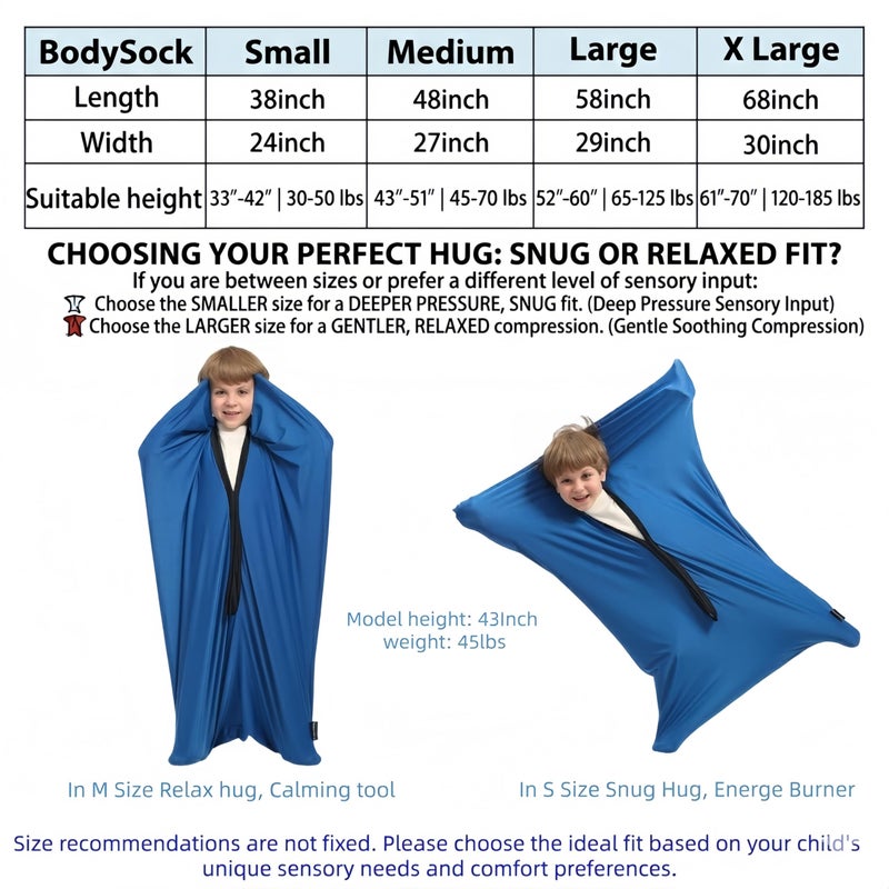 Hugsmiling Body Sock Sensory Kids, Small 24 * 38 inch, Good for Kids Height 33~42 inch, Soft Fabric with Strong Stitching and Snap Closures (Classic Blue) - Image 2