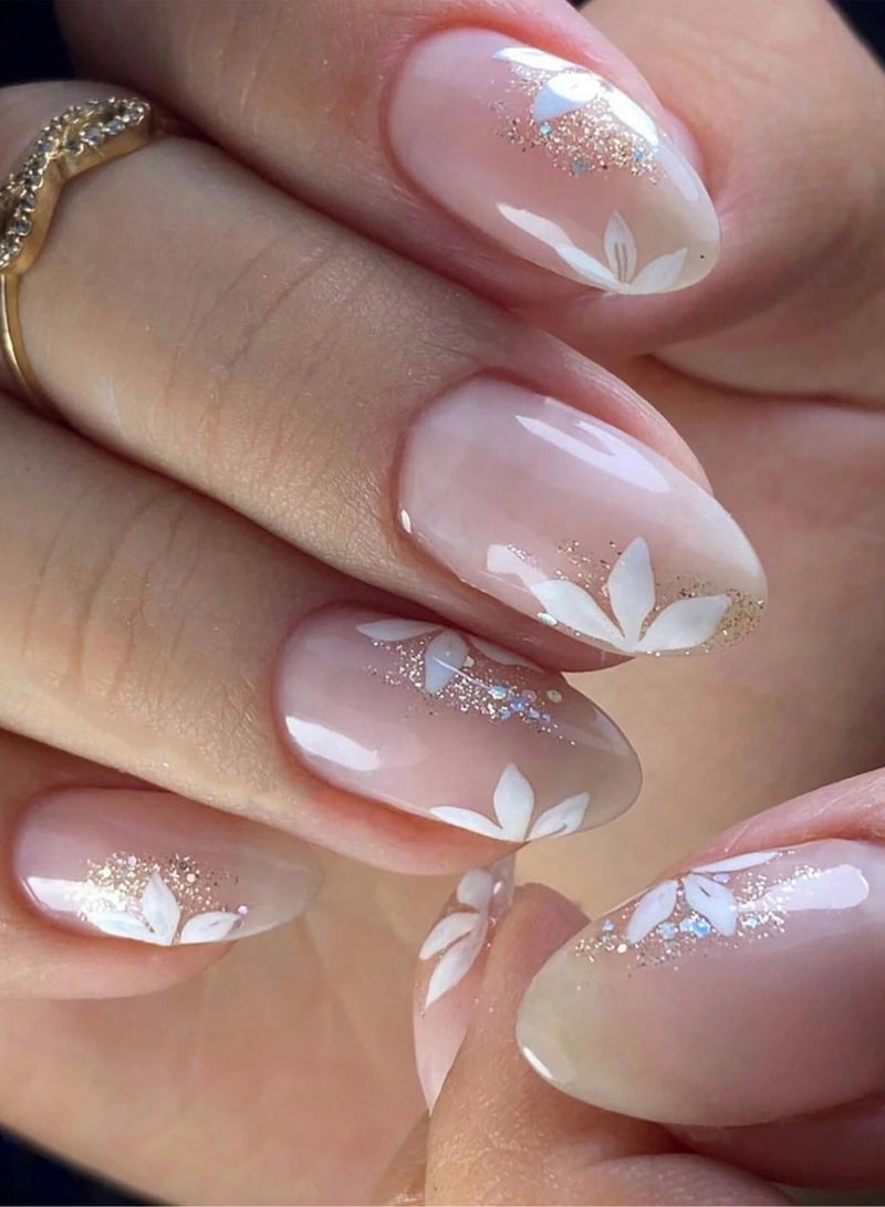 Almond-shaped fake nails set – the box includes 24 nails, a nail file, and glue. - Image 1