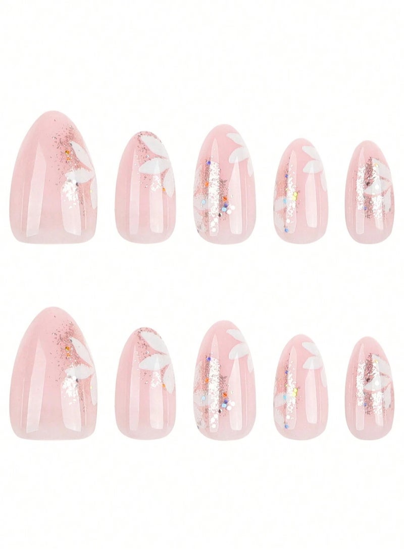 Almond-shaped fake nails set – the box includes 24 nails, a nail file, and glue. - Image 2