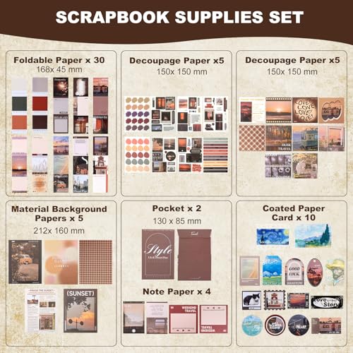 Auguro Vintage Scrapbook Kit A6 Grid Notebook Stationery Junk Journal Kit Travel Scrapbooking Supplies Craft DIY Gift for Adult Teen Girl Aesthetic Journaling Kit - Image 2