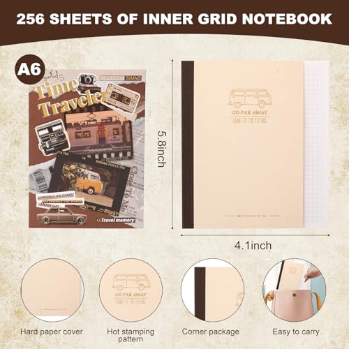 Auguro Vintage Scrapbook Kit A6 Grid Notebook Stationery Junk Journal Kit Travel Scrapbooking Supplies Craft DIY Gift for Adult Teen Girl Aesthetic Journaling Kit - Image 3