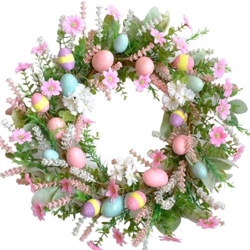 Bibelot Easter Wreath for Front Door, 24 Inch Easter Egg Wreath with Colorful Eggs, Pink White Daisies, Lavender, Artificial Spring Wreath for Indoor Outdoor Window Wall Decor - Image 1