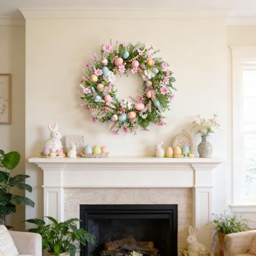Bibelot Easter Wreath for Front Door, 24 Inch Easter Egg Wreath with Colorful Eggs, Pink White Daisies, Lavender, Artificial Spring Wreath for Indoor Outdoor Window Wall Decor - Image 2