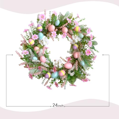 Bibelot Easter Wreath for Front Door, 24 Inch Easter Egg Wreath with Colorful Eggs, Pink White Daisies, Lavender, Artificial Spring Wreath for Indoor Outdoor Window Wall Decor - Image 4