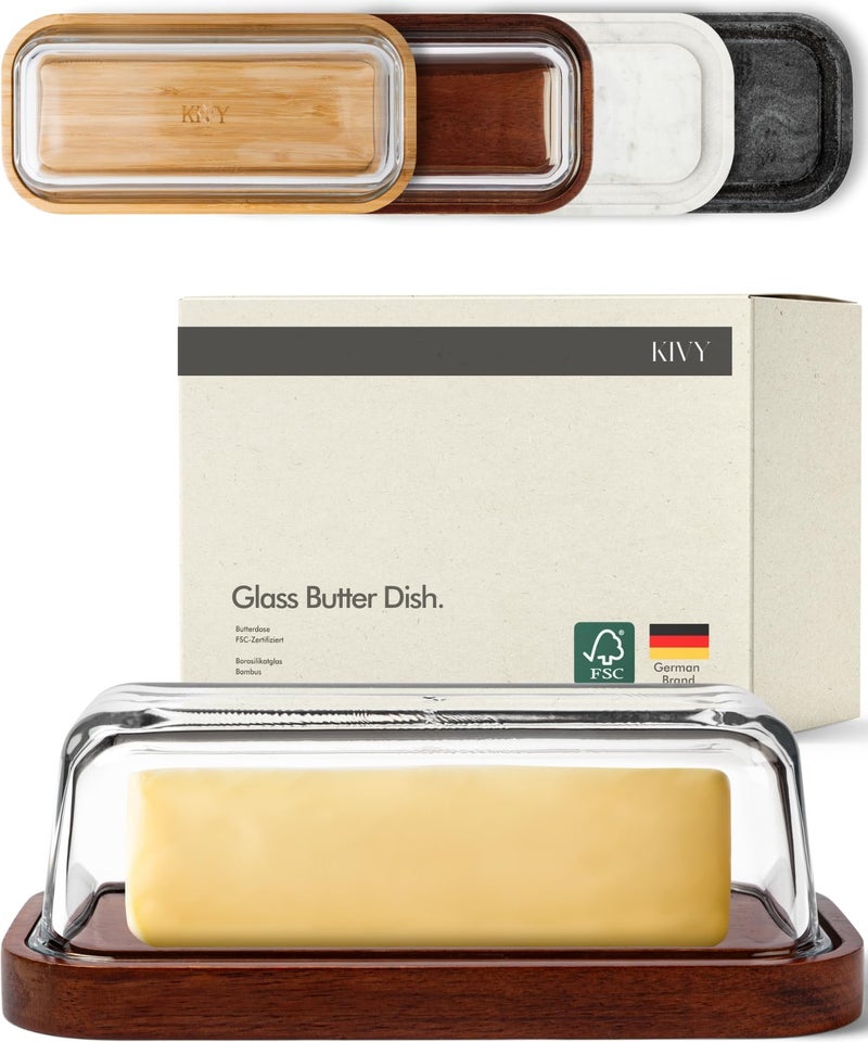 KIVY Glass butter dish with airtight lid that keeps butter soft  For countertop and refrigerator door shelf  Butter tray fridge  Butter holder for counter  Covered butter dishes with lid