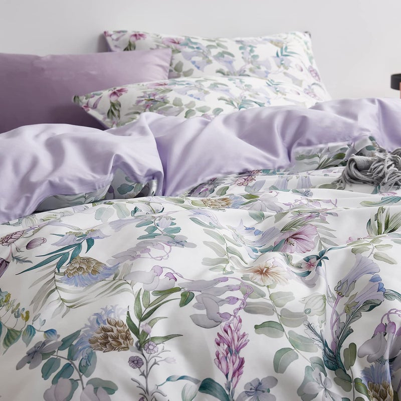 La Sheer Floral Garden Style Duvet Cover Set Watercolor Purple Bedding Set Smooth Soft Flowers Green Botanical Pattern 3 Pieces 1 Comforter Cover + 2 Pillow Shams(Queen, No Comforter) - Image 1