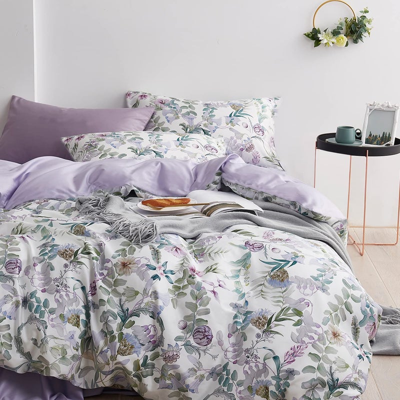 La Sheer Floral Garden Style Duvet Cover Set Watercolor Purple Bedding Set Smooth Soft Flowers Green Botanical Pattern 3 Pieces 1 Comforter Cover + 2 Pillow Shams(Queen, No Comforter) - Image 2