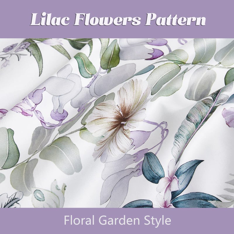 La Sheer Floral Garden Style Duvet Cover Set Watercolor Purple Bedding Set Smooth Soft Flowers Green Botanical Pattern 3 Pieces 1 Comforter Cover + 2 Pillow Shams(Queen, No Comforter) - Image 3