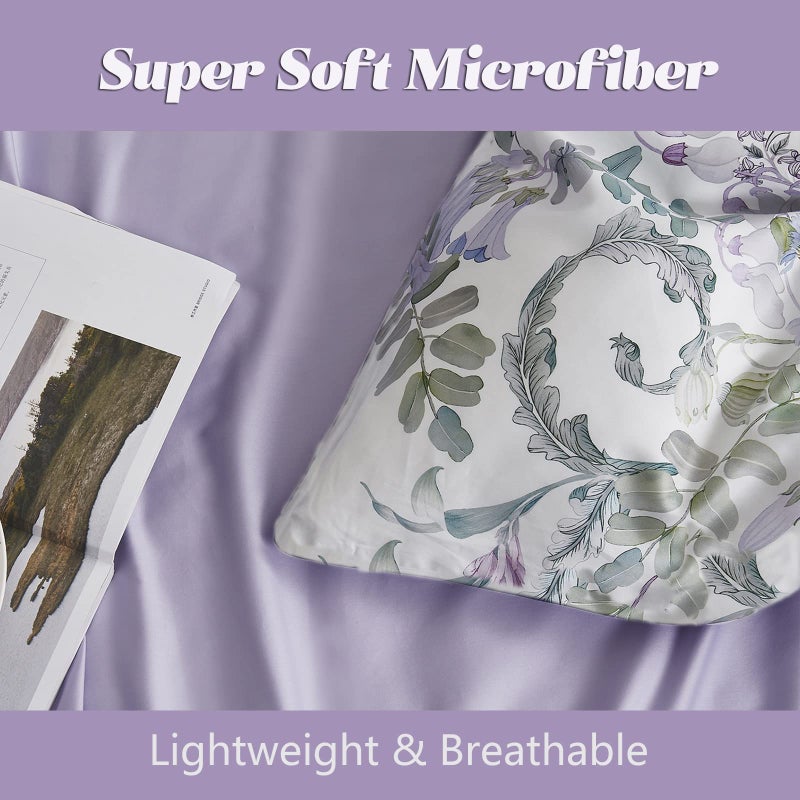 La Sheer Floral Garden Style Duvet Cover Set Watercolor Purple Bedding Set Smooth Soft Flowers Green Botanical Pattern 3 Pieces 1 Comforter Cover + 2 Pillow Shams(Queen, No Comforter) - Image 4