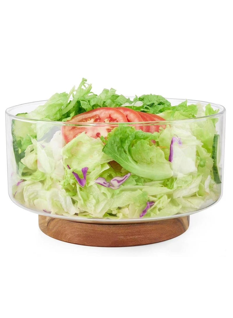 Glass Salad Fruit Bowl with Wood Base，Serving Dish for Snack, Dessert, Pasta，Kitchen Must-Have - Image 1