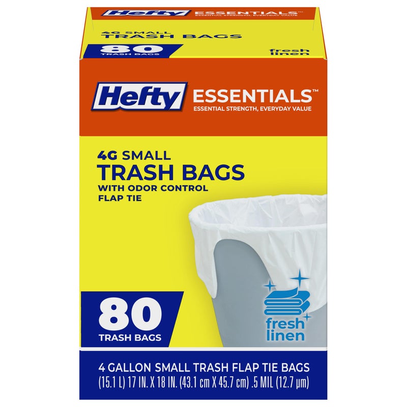 Hefty Essentials Flap Tie 4 Gallon Trash Bags, 80 Count, Small Scented Trash Bags for Bathrooms, Bedrooms, Dorm Rooms, Home Offices, and More, Fresh Linen Scent, White - Image 1