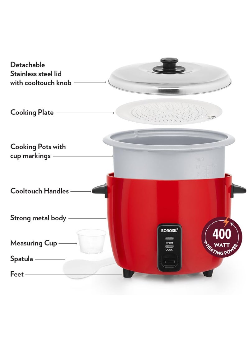 BOROSIL Borosil Pronto 1 L Electric Rice Cooker with Single Pot 400W Keep Warm Feature with Indicator Display Anti Skid Rubber Feet Cook Boil Noodles Rice Upma Idli Dhokla 2 Years Warranty  - Image 4