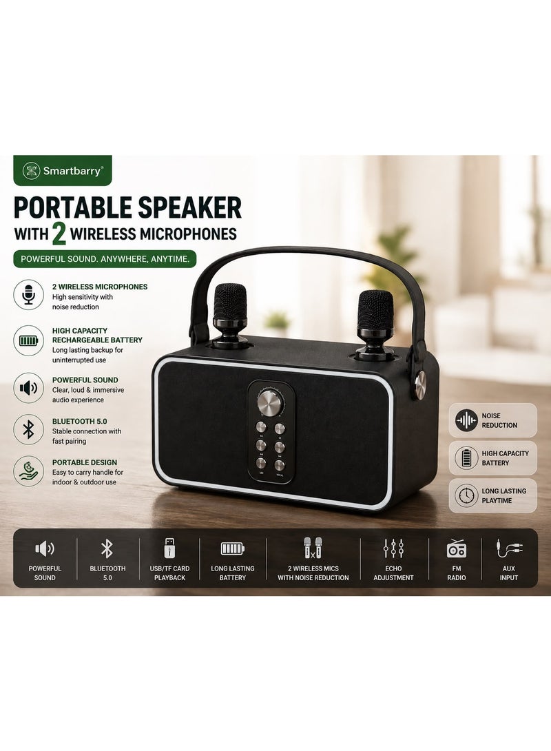 Smartbarry Portable Bluetooth Karaoke Speaker with 2 Wireless Microphones, Rechargeable Battery, RGB LED Lights, High-Power Stereo Sound for Parties, Home & Outdoor - Image 1