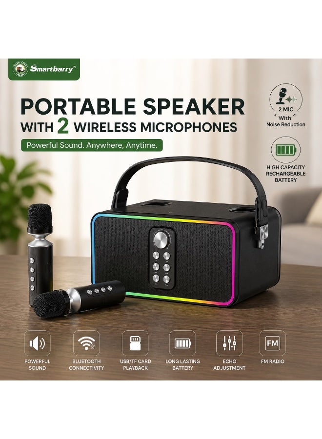 Smartbarry Portable Bluetooth Karaoke Speaker with 2 Wireless Microphones, Rechargeable Battery, RGB LED Lights, High-Power Stereo Sound for Parties, Home & Outdoor - Image 2