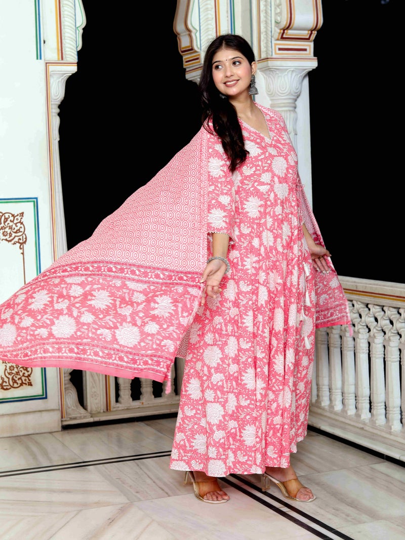 Miravan Womens Cotton Floral Print Pink Anarkali with Dupatta - Image 2