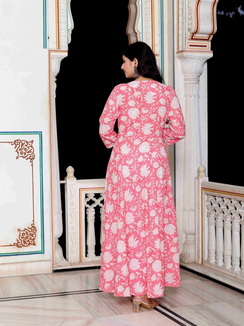 Miravan Womens Cotton Floral Print Pink Anarkali with Dupatta - Image 4