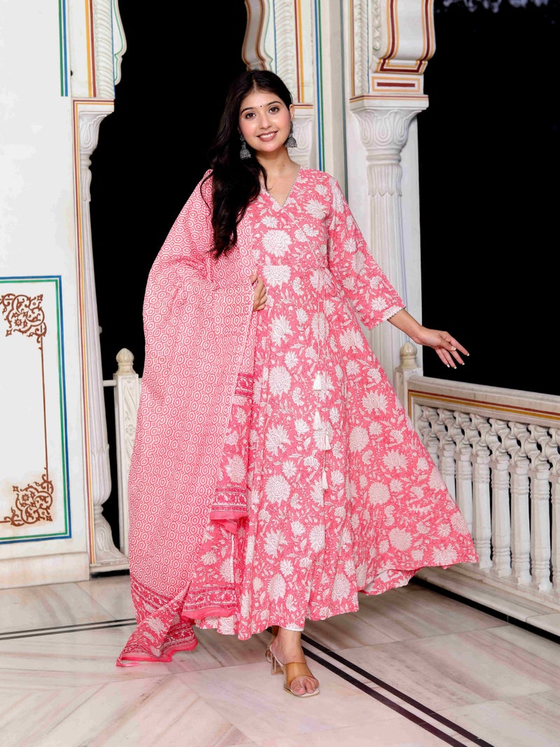 Miravan Womens Cotton Floral Print Pink Anarkali with Dupatta - Image 1