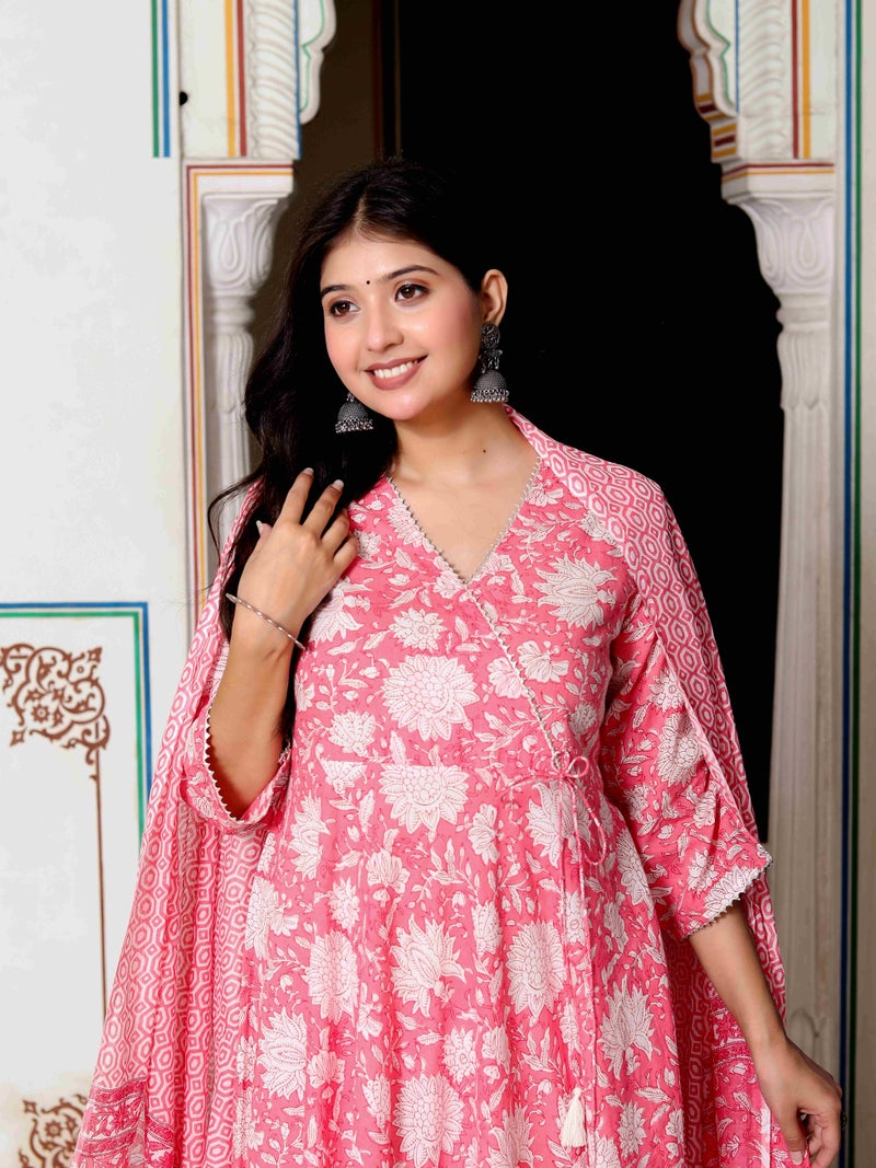 Miravan Womens Cotton Floral Print Pink Anarkali with Dupatta - Image 5