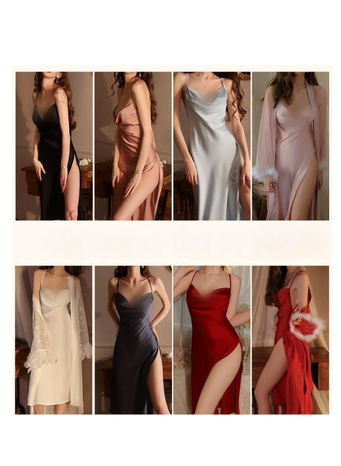 New Satin Lace Chest Cuhion Suspender Nightgown, Women's Lace Up Nightgown, Home Wear Set - Image 2