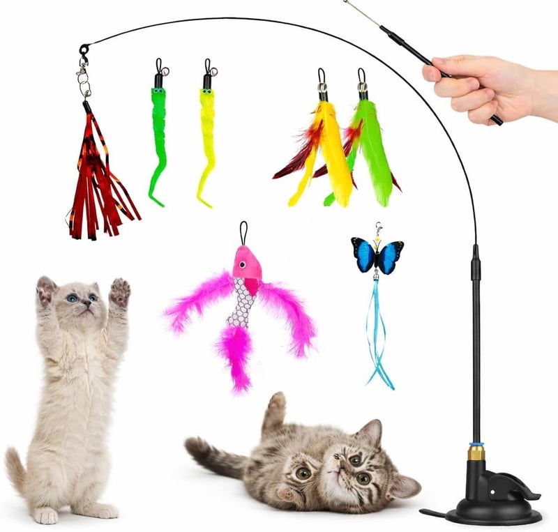 SKY-TOUCH 9in1 Interactive Automatic Cat Teaser Wand Toy with Strong Suction Cup and 8 Feather Replacements - Image 1