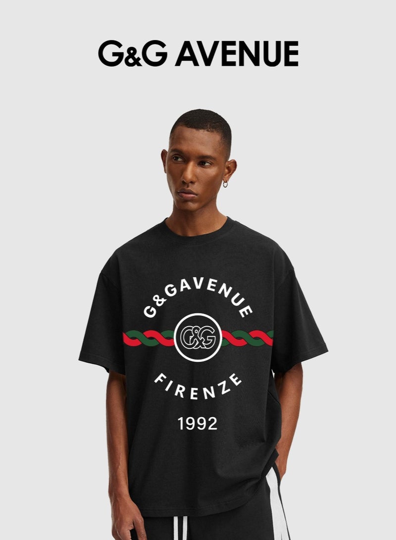 G&G AVENUE Heavy cotton fabric Men's retro oversized T-shirt with letter pattern printed round neck short top, street clothing, cotton short sleeves, black  - Image 1