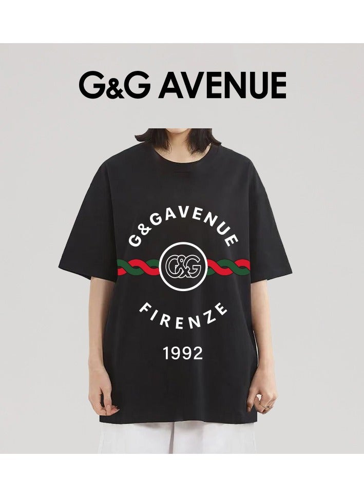 G&G AVENUE Heavy cotton fabric Men's retro oversized T-shirt with letter pattern printed round neck short top, street clothing, cotton short sleeves, black  - Image 5