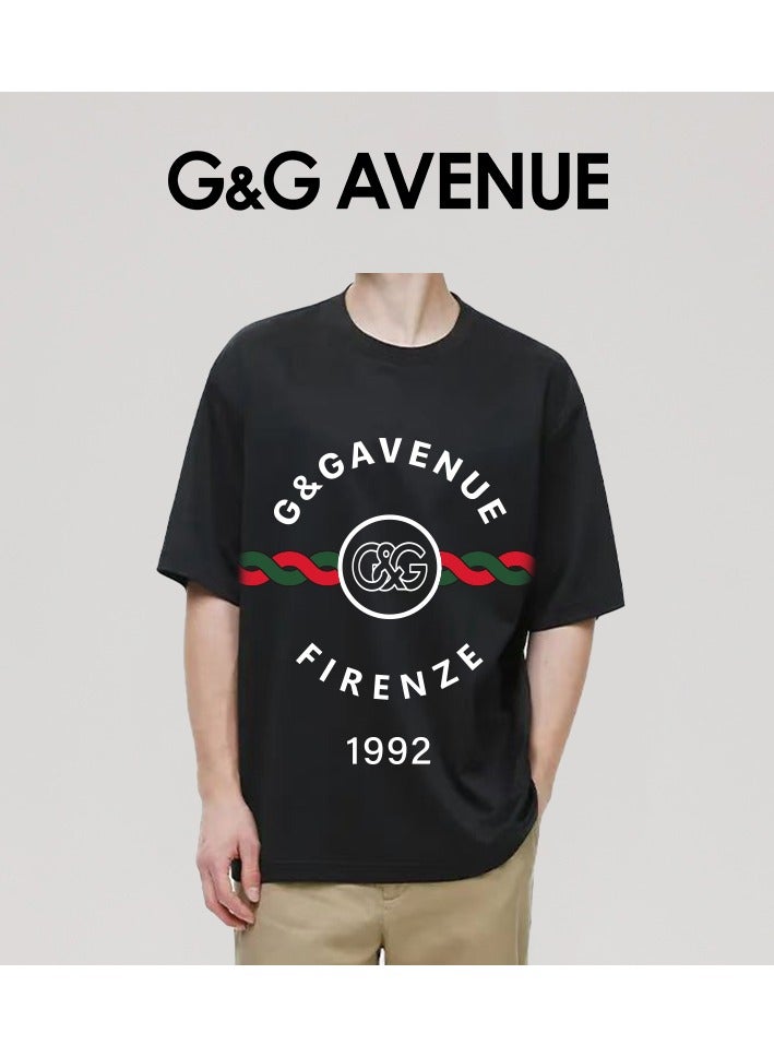 G&G AVENUE Heavy cotton fabric Men's retro oversized T-shirt with letter pattern printed round neck short top, street clothing, cotton short sleeves, black  - Image 4