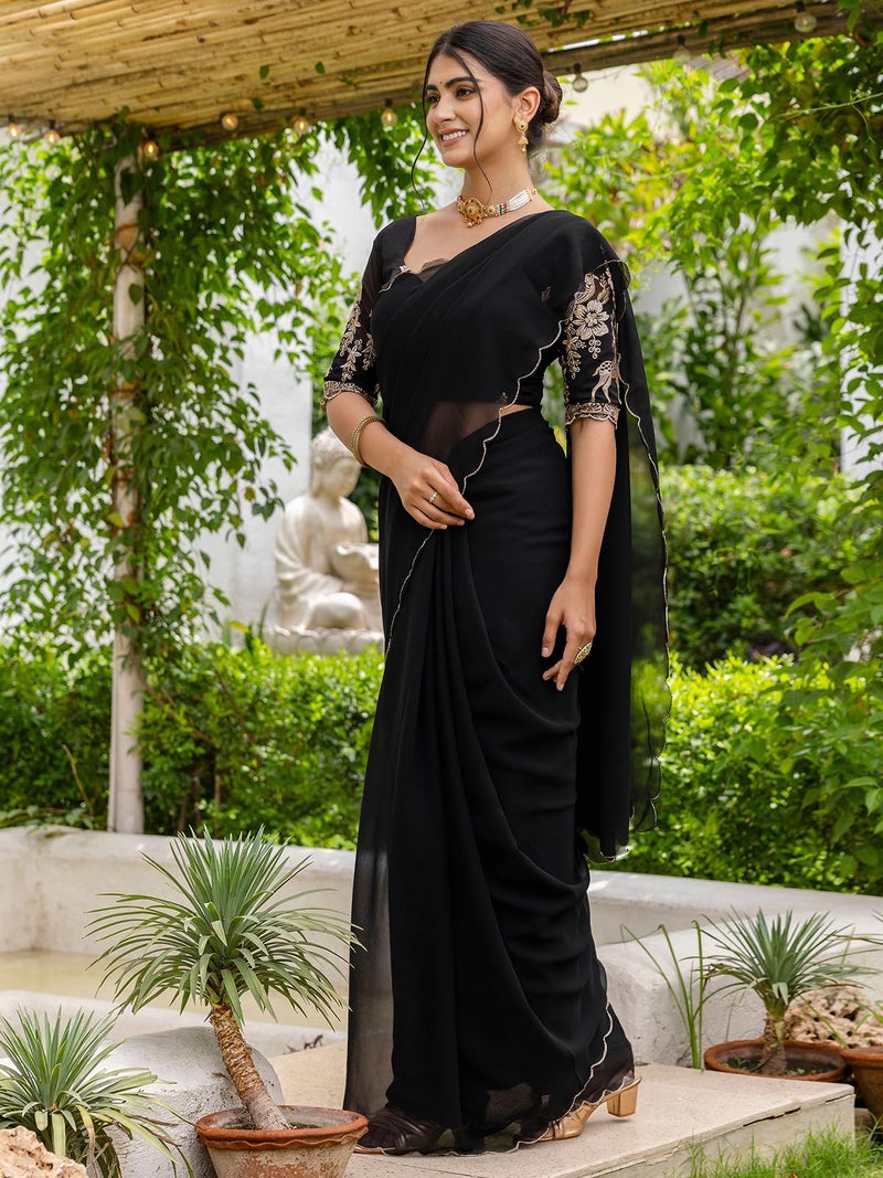 Satrani Women'S Georgette Dyed Scalloped Border Saree With Unstitched Blouse Piece (4619S743N_Black) - Image 2