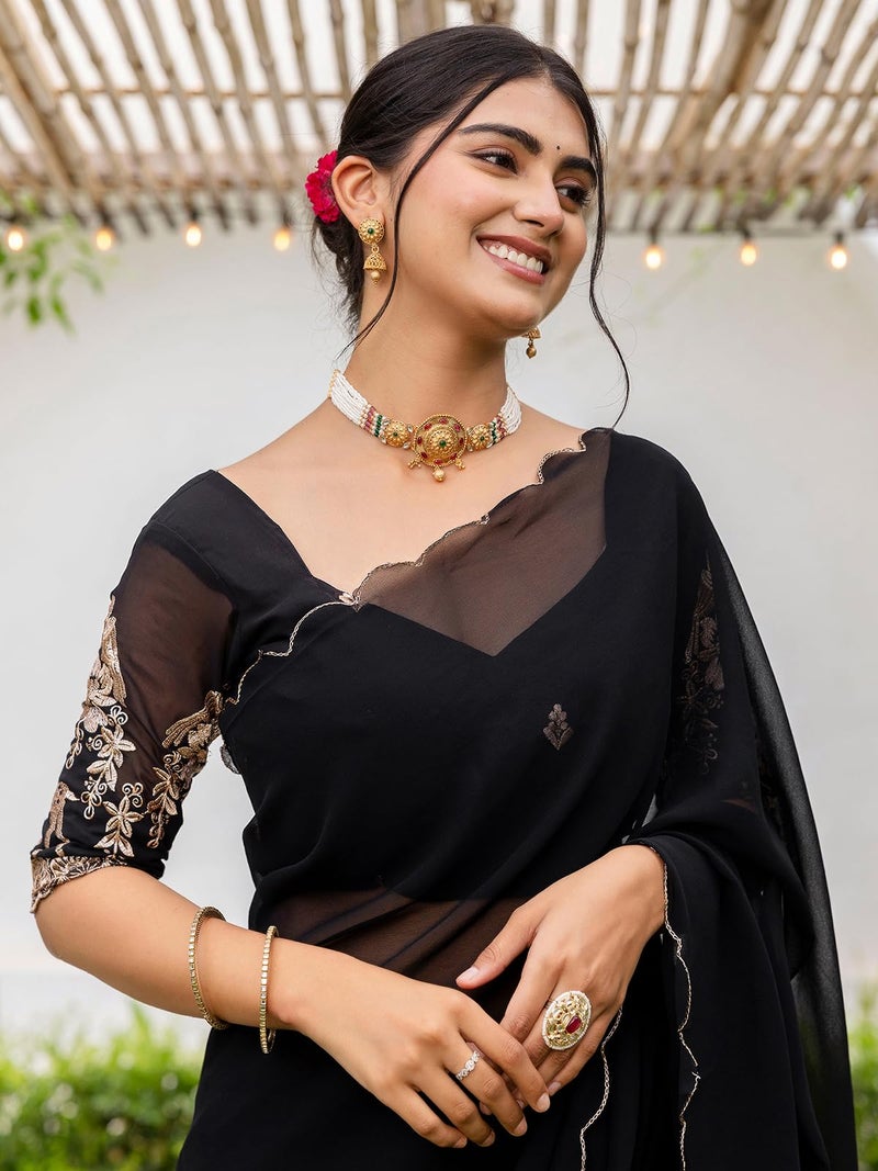 Satrani Women'S Georgette Dyed Scalloped Border Saree With Unstitched Blouse Piece (4619S743N_Black) - Image 4