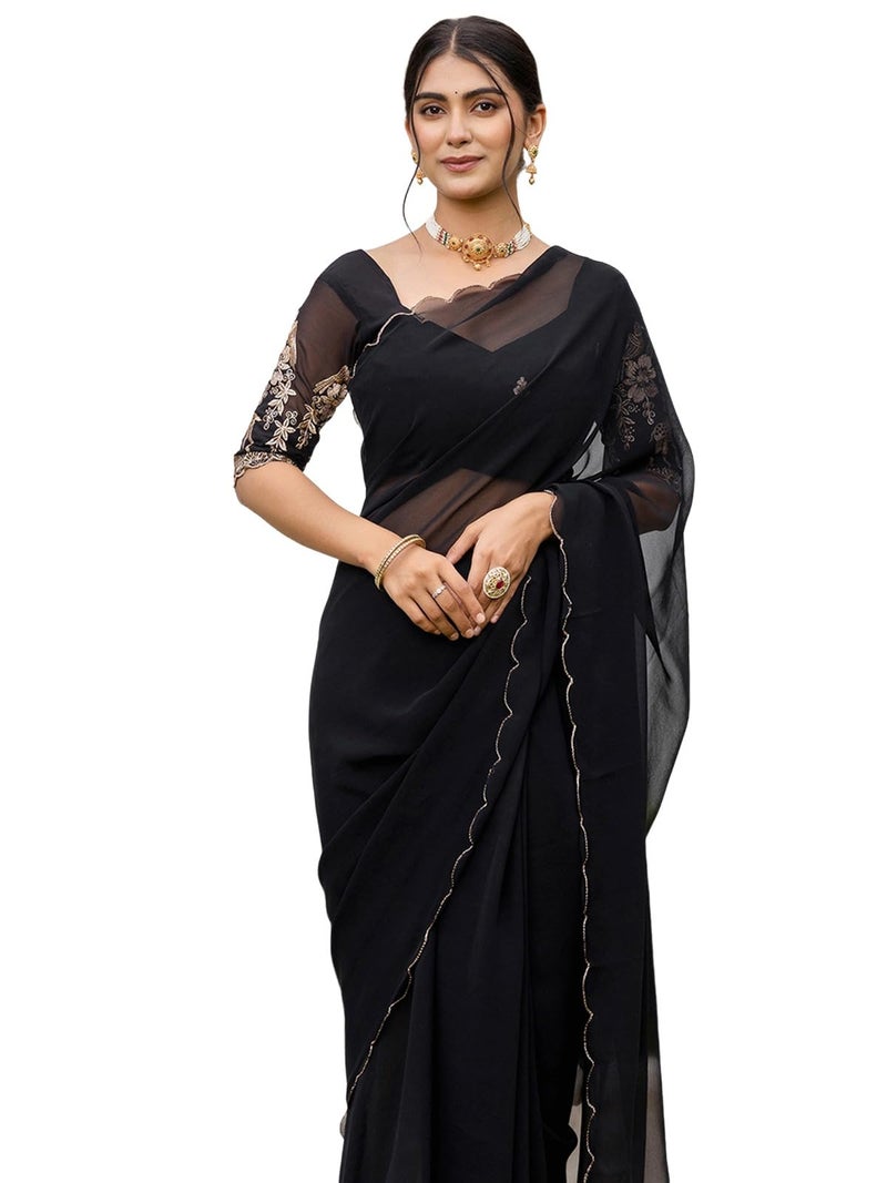 Satrani Women'S Georgette Dyed Scalloped Border Saree With Unstitched Blouse Piece (4619S743N_Black) - Image 1