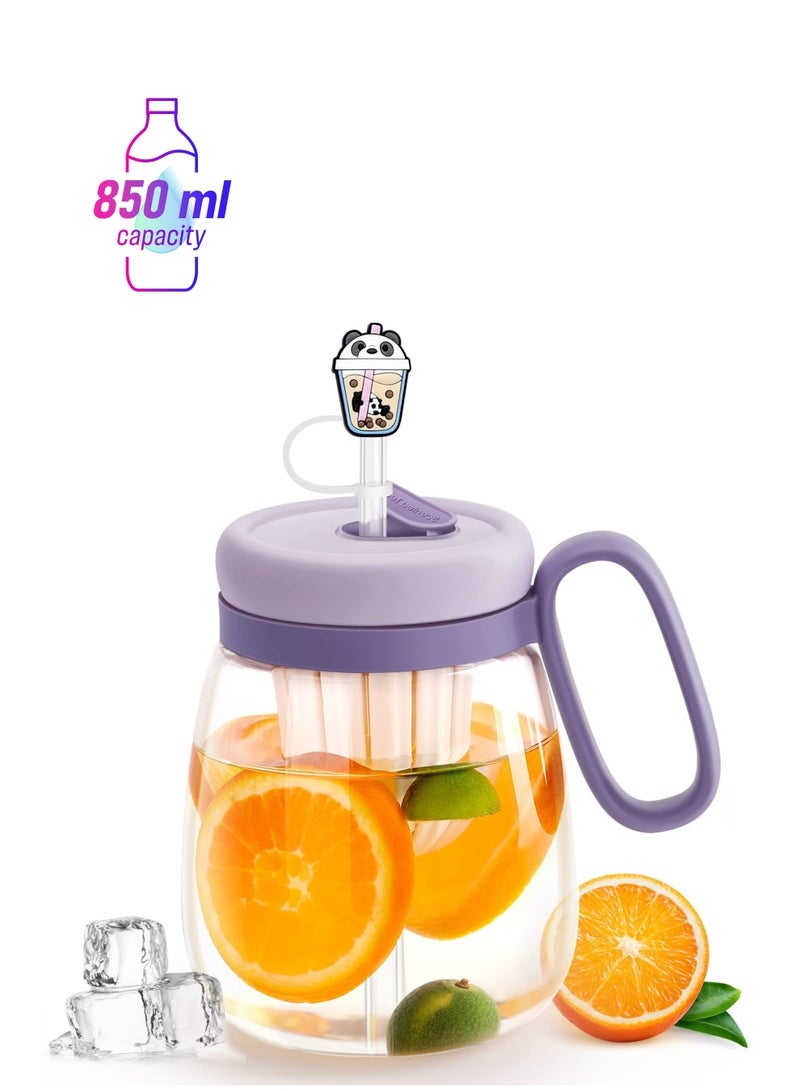 SYOSI Water Glass, 29 oz Reusable Wide Mouth Smoothie Coffee Glass Water Bottles with Handle, Tea Infuser and Cartoon Straw Cover - Image 1