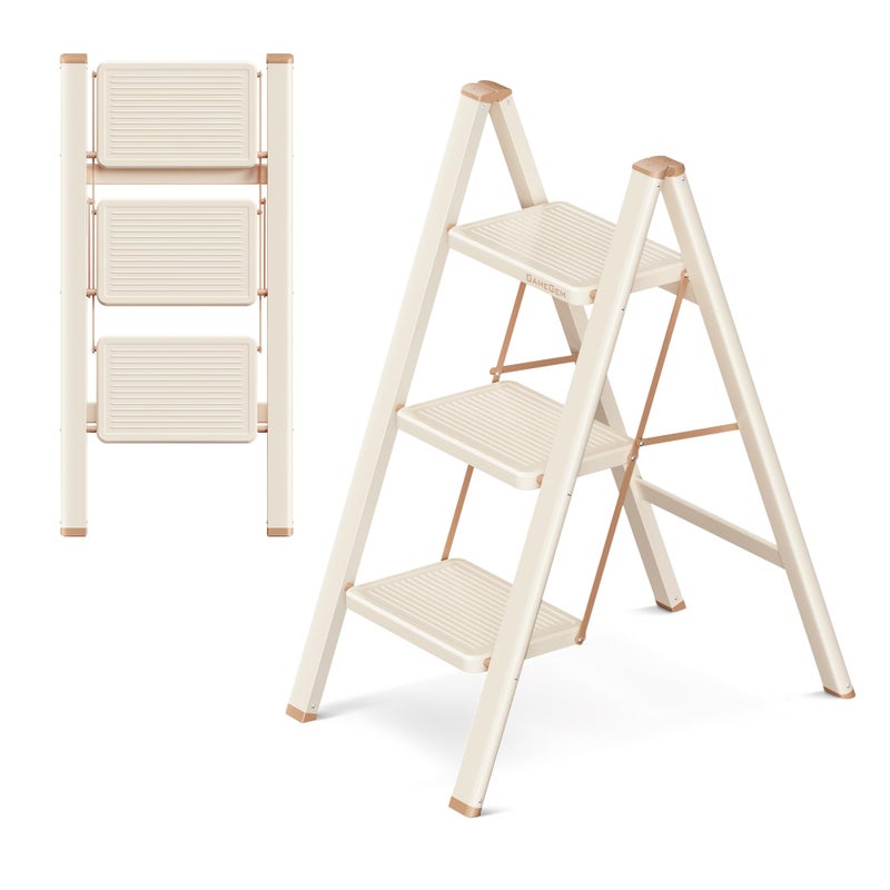 GameGem 3 Step Ladder Folding Step Stool with Wide Anti-Slip Pedal, 330LBS Capacity, Lightweight Portable Stepladder for Home and Kitchen Use, Cream Chocolate - Image 1