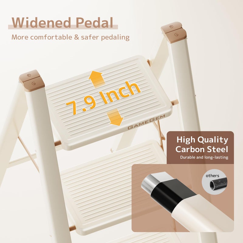 GameGem 3 Step Ladder Folding Step Stool with Wide Anti-Slip Pedal, 330LBS Capacity, Lightweight Portable Stepladder for Home and Kitchen Use, Cream Chocolate - Image 3