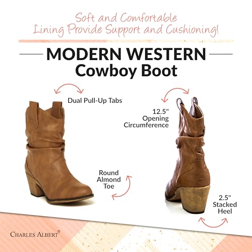 Charles Albert Modern Western Cowboy Boots for Women Ladies Stacked Heel Ankle Cowgirl Boots with Pull-Up Tabs in Tan Size 7 - Image 5