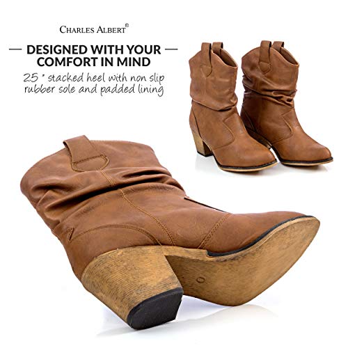 Charles Albert Modern Western Cowboy Boots for Women Ladies Stacked Heel Ankle Cowgirl Boots with Pull-Up Tabs in Tan Size 7 - Image 2