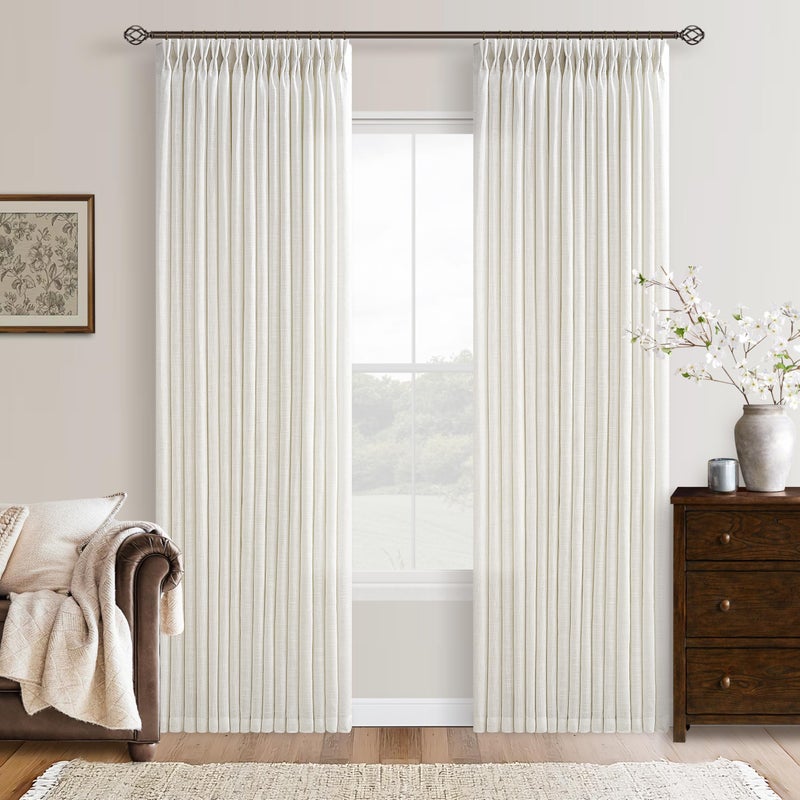 TWODRAPES 102 Inch Long Pinch Pleat Linen Curtains for Living Room 2 Panels Set Natural Cream Boho Semi Sheer Light Filtering Neutral 102 Inch Pleated Curtain with Rings Hooks Floor Ceiling Bedroom Window - Image 1