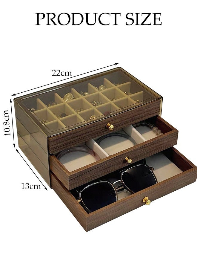DUNISO 3 Tier Multifunctional Walnut Jewelry Storage Box, Display Stand with Handle and Drawer,Portable Jewellery Holder  for Earring ,Rings ,Necklaces and Bracelets - Image 2